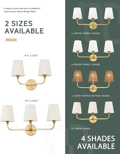 3-Light Bathroom Light Fixtures, Brushed Gold Vanity Lights with Linen Fabric Shade, Modern Sconces Wall Lighting for Hallway Bedroom, Upward Lighting, VL837-BG-A-3