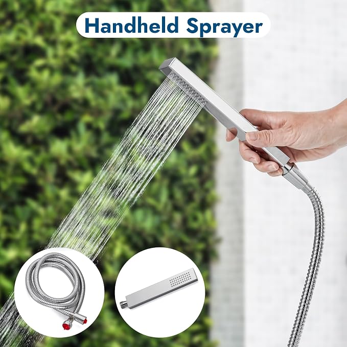 Wall Mounted Outdoor Shower Kit,Outdoor Shower Faucet,Polish Chrome | 6-Inch Square Rainfall Shower Head with Handheld Spray, Adjustable Slide Bar & Dual Function Design for Flexible Outdoor Use