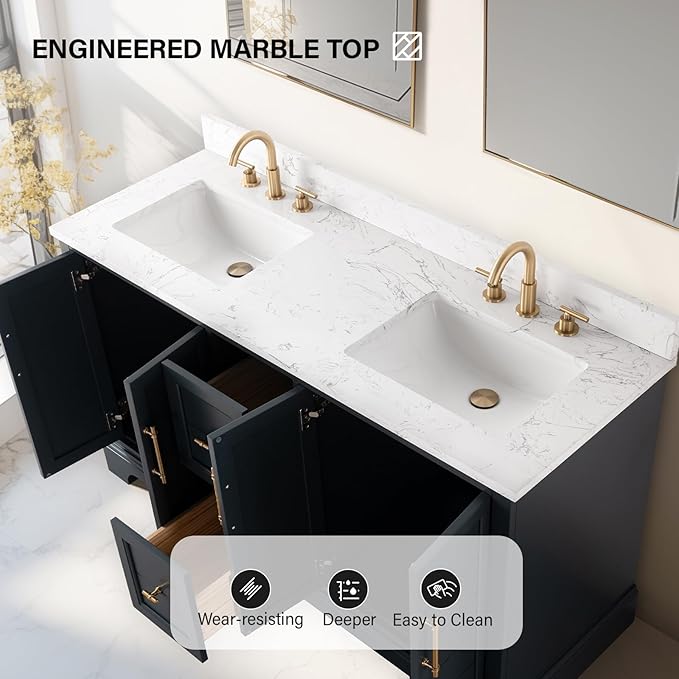 HOMEBEYOND 60 Inch Bathroom Vanity with Double Sink & Ceramic Top, Vanity Cabinet with Center Countertop Basin, Soft-Closing Doors, Backsplash, Vintage Spruce Blue