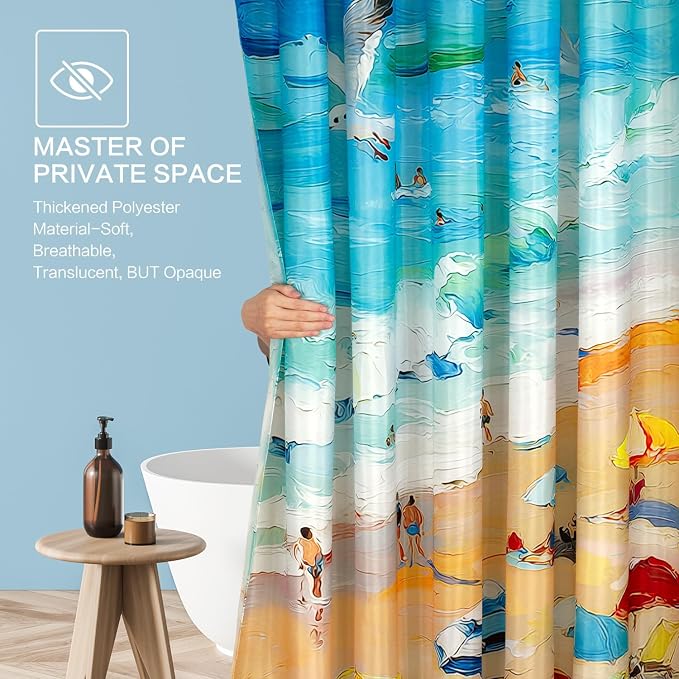 Summer Shower Curtain, Oil Painting Beach Ocean Shower Curtain Coastal Nautical Scene Seaside Seacoast Waterproof Fabric Bathroom Decor, Vacation Themed Bath Curtain for Home, Hotel & Resort