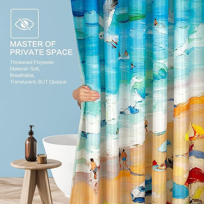 Summer Shower Curtain, Oil Painting Beach Ocean Shower Curtain Coastal Nautical Scene Seaside Seacoast Waterproof Fabric Bathroom Decor, Vacation Themed Bath Curtain for Home, Hotel & Resort