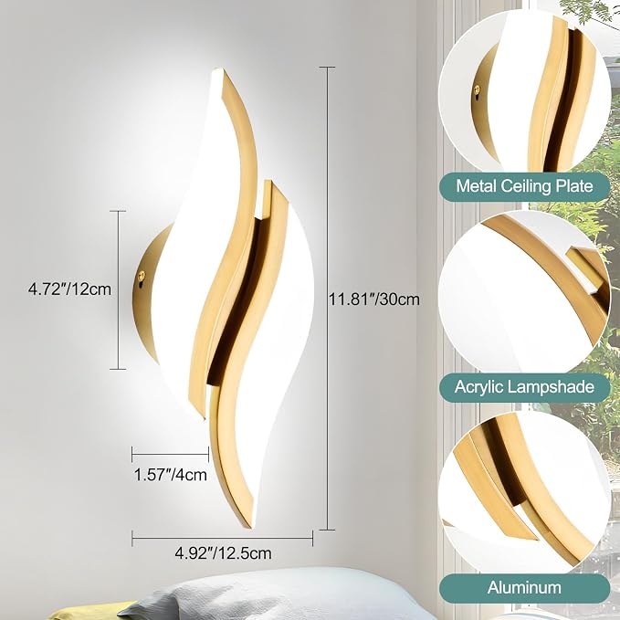CANEOE 2Packs Modern LED Wall Sconce 6000K Gold Indoor Wall Light Fixtures Acrylic Wall Sconce Lighting for Living Room Bedroom Bedside Bathroom Hallway Stairway Wall Lamp (Gold, 2 Packs, 6000K)