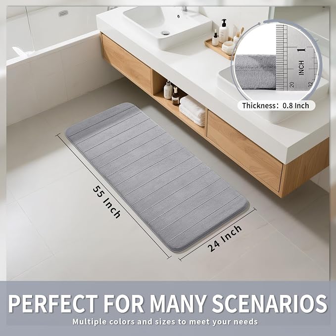 Yimobra Bathroom Runner 55"x24", Non Slip Memory Foam Bath Mat, Super Soft Water Absorbent Hallway Carpet, Machine Washable Rug for Vanity Tub Shower, Gray