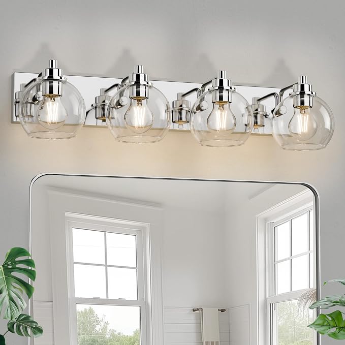 4 Light Bathroom Light Fixtures-Chrome Bathroom Vanity Lights, Modern Vanity Lights 4-Light Bathroom Lighting Fixtures Over Mirror with Clear Glass Globe Shade