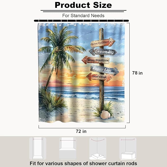 Beach Ocean Luxury Shower Curtain Palm Tree Funky Aesthetic Art Scenic | Nature Shower Curtains for Bathroom, Waterproof Bath Curtain with Hooks Machine Washable Bathtub Curtains 72x78 Inch Colorful