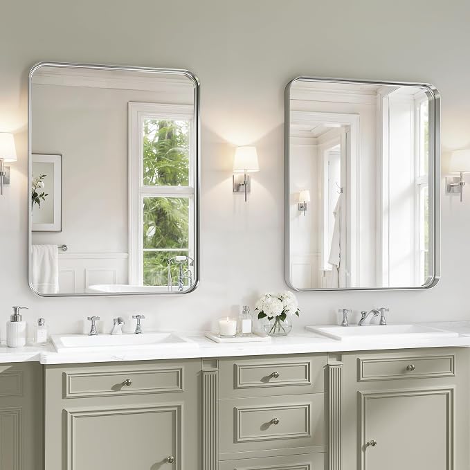 Silver Bathroom Mirrors for Over Sink,24X36 Inch Matte Metal Framed Vanity Rounded Rectangle Vanity Mirror, HD Tempered Glass, Anti-Rust, Horizontally or Vertically Hanging