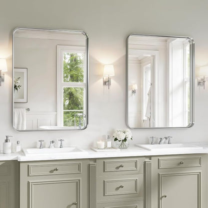 Matte Silver Metal Framed Vanity Rounded Rectangle Bathroom 24X32 Inch Mirrors for Over Sink Wall,Modern Decorative for Restroom, Anti-Rust Aluminum Alloy Mirror, Horizontally or Vertically Hanging