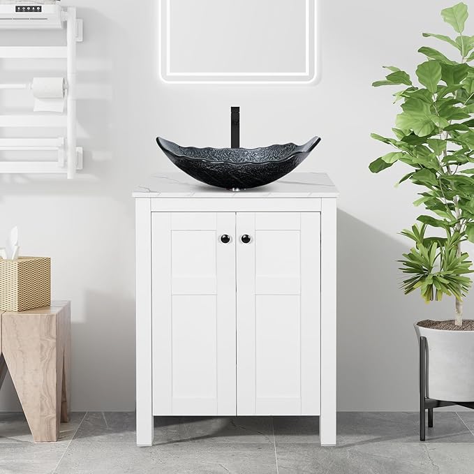 24 Inch White Bathroom Vanity with Marble Texture Top, Traditional Standing Pedestal Cabinet with Silver Leaf Glass Sink