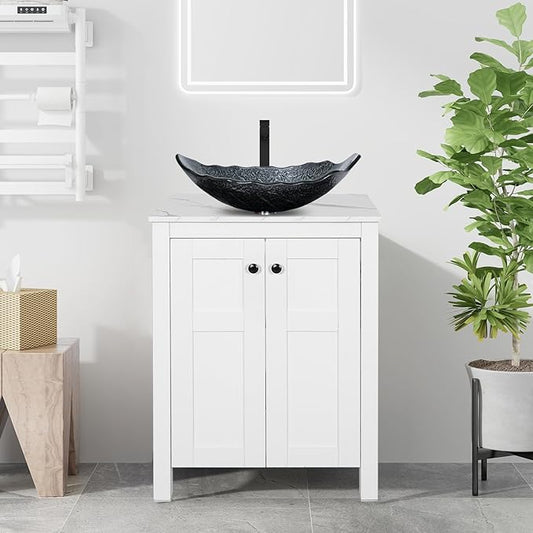 24 Inch White Bathroom Vanity with Marble Texture Top, Traditional Standing Pedestal Cabinet with Silver Leaf Glass Sink