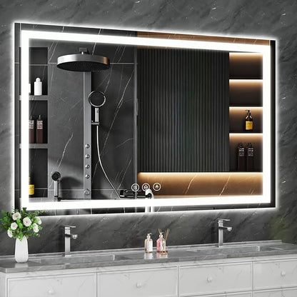 Koonmi 60x36 LED Bathroom Mirror with Light, Anti-Fog, 3 Colors | Backlit + Front Lit, Dimmable Brightness, Shatterproof HD Distortion-Free Tempered Glass, Hardware Included