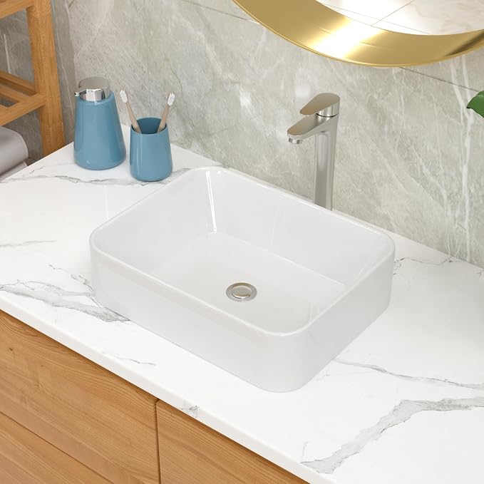 Lordear Vessel Sink With Faucet Combo 19"x15" Rectangular Bathroom Vessel Sink Faucet Combo Modern Rectangle Above Counter White Porcelain Ceramic Vessel Vanity Sink