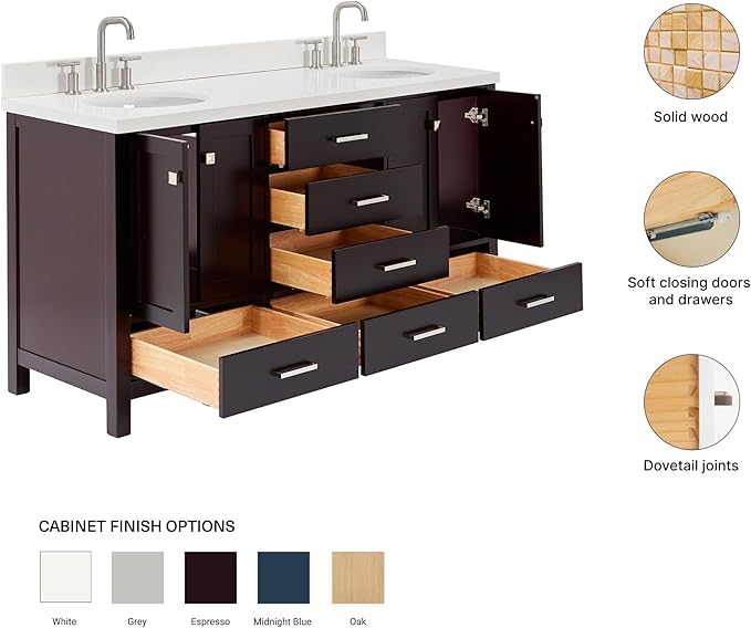 ARIEL Cambridge 66-inch Bathroom Vanity with Sink,Solid Wood, 1.5-inch Pure White Quartz Countertop & Backsplash, Double Oval Porcelain Sink, 4 Soft Closing Doors, 6 Dovetail Drawers, Espresso