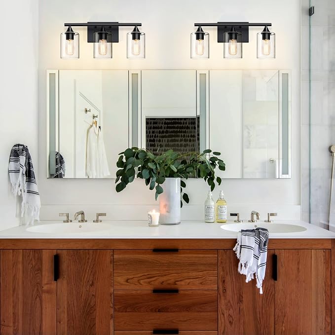 Bathroom Lighting Fixtures Over Mirror,3-Light Black Bathroom Vanity Light,Sconces Wall Lighting with Clear Glass Shade,Light Fixture for Bedroom Living Room Vanity Table Hallway