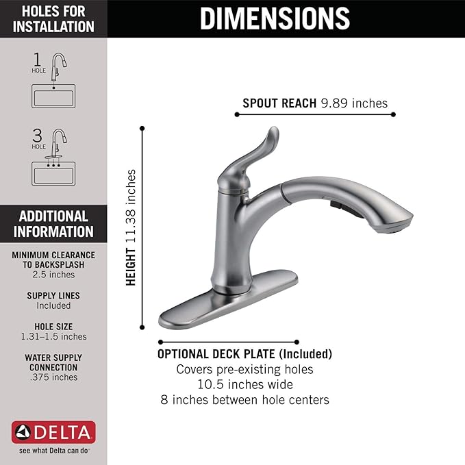 Delta Faucet Linden Pull Out Kitchen Faucet, Brushed Nickel Kitchen Sink Faucet, Kitchen Faucet with Pull Out Sprayer, Arctic Stainless 4353-AR-DST