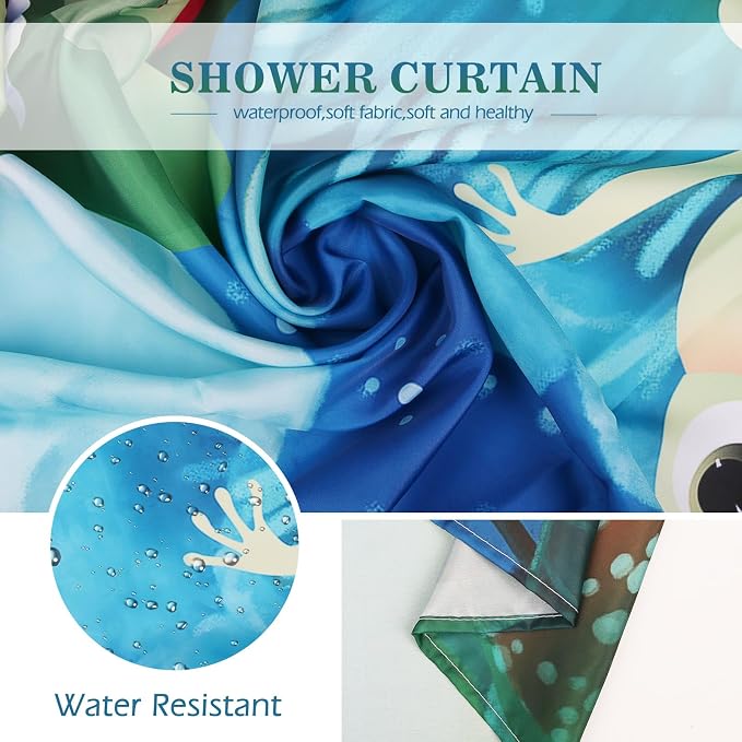 Aimego Funny Frog Shower Curtain - Cute Cartoon Frogs Dragonfly Lotus Leaf Floral Pond Wildflower Moon Fun Bath Shower Curtain Set with 12 Hooks for Kids Adults Bathroom Decor Accessories,72"x72"