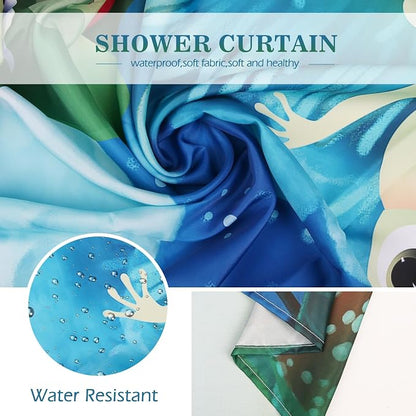 Aimego Funny Frog Shower Curtain - Cute Cartoon Frogs Dragonfly Lotus Leaf Floral Pond Wildflower Moon Fun Bath Shower Curtain Set with 12 Hooks for Kids Adults Bathroom Decor Accessories,72"x72"