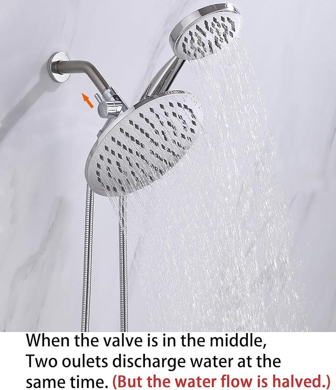 G-Promise Solid Metal Shower Head Diverter with Holder 3-Way | Spray Separately or Both, Adjustable-Angle Bracket, Anti-Leak, Smooth Knob Switch, Easy Install, Universal Replacement Part