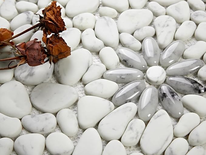 5 Sheets Marble Flowers Mosaic Wall and Floor Tiles for Bathroom and Kitchen 12.99 * 12.99 Inches 1.17 sq.ft (Stone and Gray Flower)