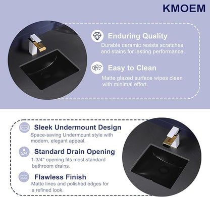 Small Black Undermount Bathroom Sink 14.4x12.7 Inch Vessel Sink Matte Black Bathroom Under Counter Lavatory Vanity Sink Basin Rectangular Porcelain Ceramic Undermount Sinks with Overflow