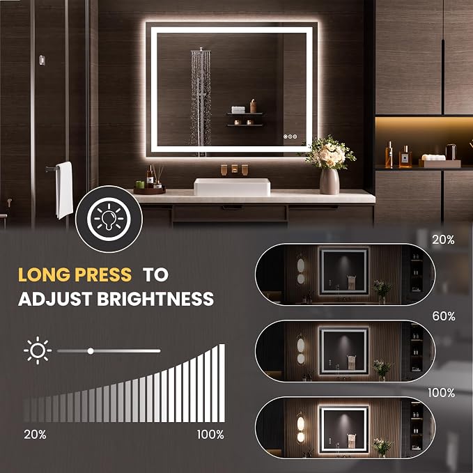 LOAAO 50"X40" LED Bathroom Mirror with Lights, UL Listed | Anti-Fog, Dimmable, 3 Color Temperature, Backlit + Front Lit, Memory Function, Tempered Glass