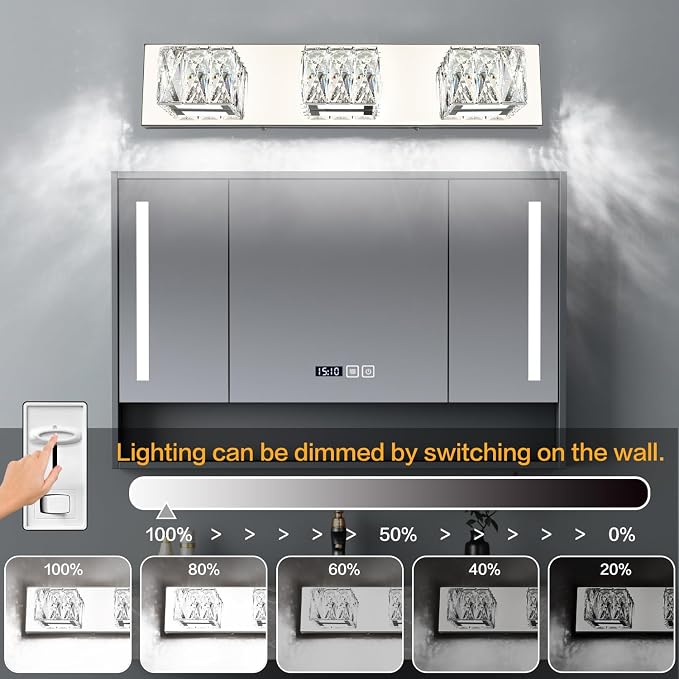 LED Bathroom Light Fixture - Modern 3 Light Crystal Vanity Light - Chrome Bathroom Wall Light 5CCT Dimmable