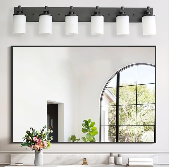 LOUSACE Bathroom Lighting Fixture Over Mirror, 6 Light Bathroom Vanity Lights Matte Black with Opal White Glass Shades, E26 Bulb Base, Wall Sconces Vanity Lighting Fixtures for Bathroom Living Room
