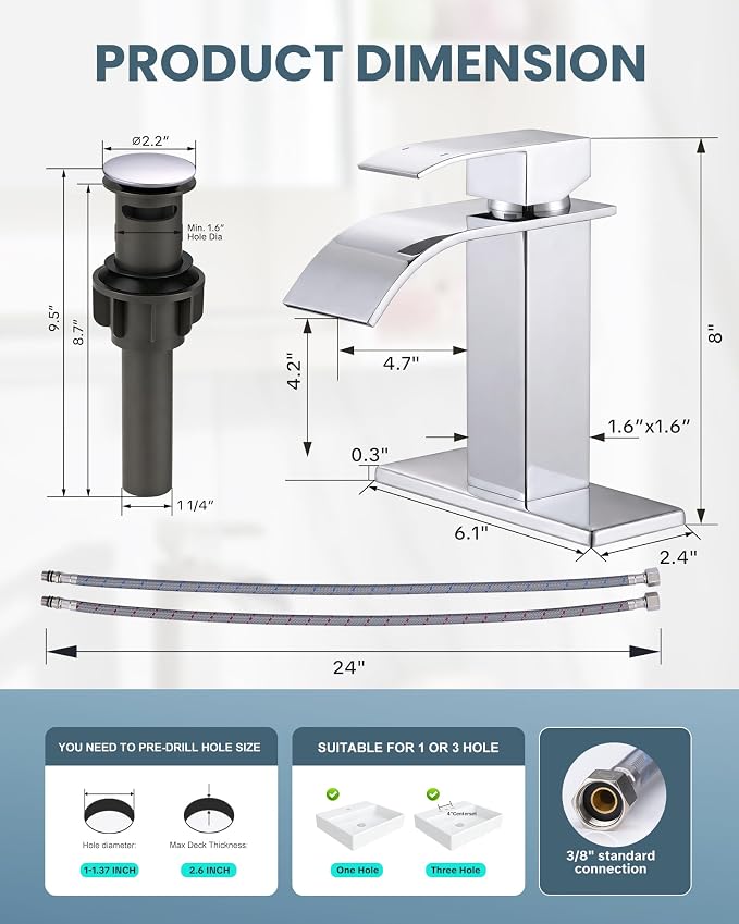 ARCORA Waterfall Bathroom Faucet Chrome: Modern Single Handle Bathroom Faucet for 1 or 3 Hole - Bathroom Sink Faucet with Pop Up Drain and Supply Lines