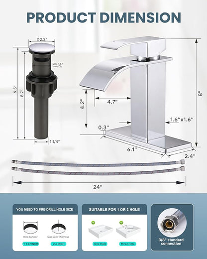 ARCORA Waterfall Bathroom Faucet Chrome: Modern Single Handle Bathroom Faucet for 1 or 3 Hole - Bathroom Sink Faucet with Pop Up Drain and Supply Lines