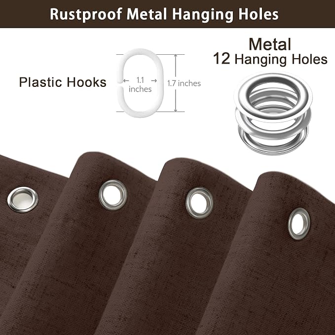 Scalloped Shower Curtain Linen Boho Flax Brown 72" W x 72" L | Linen Fabric, Black Border, Washable, Heavy Duty Cloth, Shower Curtain for Boho Farmhouse Bathroom Bathtub