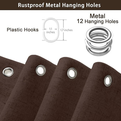 Scalloped Shower Curtain Linen Boho Flax Brown 72" W x 72" L | Linen Fabric, Black Border, Washable, Heavy Duty Cloth, Shower Curtain for Boho Farmhouse Bathroom Bathtub