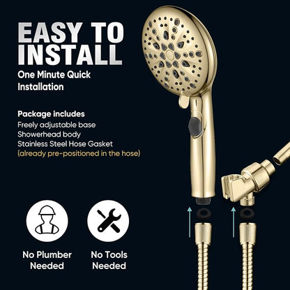 Cobbe 9 Spray Modes Handheld Shower Head, Water-Saving, Gold | Power Rinse, 1-Click Pause & Flow Control, 6ft Stainless Steel Hose, Adjustable Brass Bracket