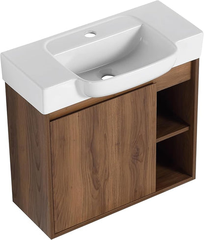 24 Inch Floating Vanity,24" Bathroom Vanity with Sink Combo,Modern Single Sink Bathroom Vanity Combo,Brown Wall Mounted Cabinet Set