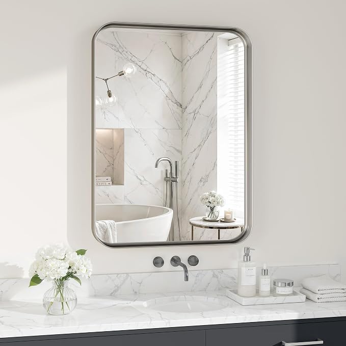 Bathroom Mirror for Wall, 30x22 Inch Rectangle Mirror,Matte Silver Metal Framed Bathroom Vanity Mirror for Restroom Farmhouse, HD Tempered Glass,Anti-Rust Aluminum Alloy Mirror
