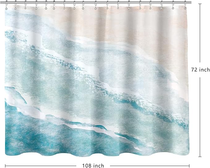 Extra Wide Beach Ocean Theme Shower Curtain 108 x 72, Teal Nautical Coastal Shower Curtains for Claw Foot Tub, 108 inch Seashell Starfish Coral Shower Curtain Set with 18 Pack Plastic C-Hooks