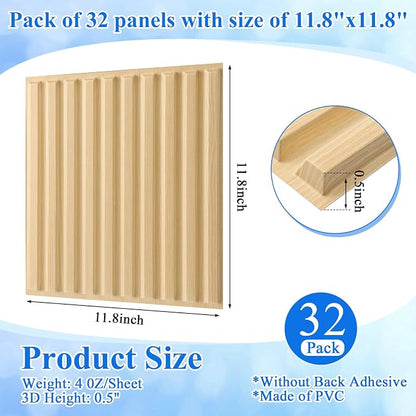 Nuanchu 32 Pcs 3D Wall Panels, 12"x12" PVC Fluted Tiles, Natural Oak | Waterproof Accent Panels, Paintable Wall Tiles, for TV Background, Bedroom, Bathroom, Gaming Room, Cuttable Home DIY Decor