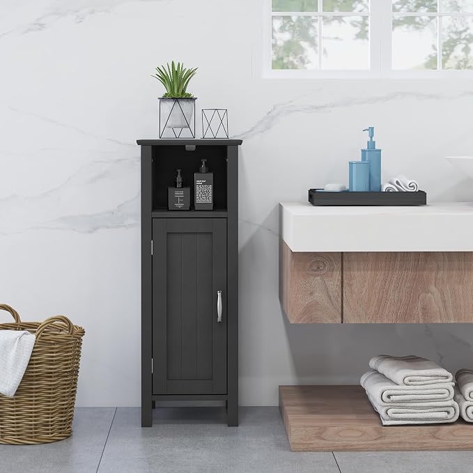 Giantex Narrow Bathroom Storage Cabinet with Adjustable Shelf (Black) | Corner Unit with Open Compartment, Anti-toppling Device, Freestanding Small Storage Organizer for Living Room