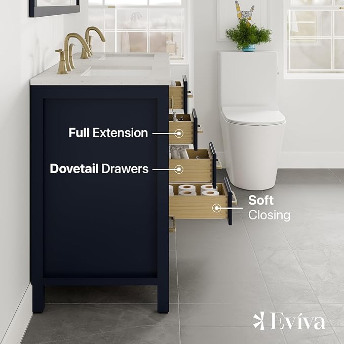 Eviva Aberdeen 48 Inch Bath Vanity with Sink Blue Bathroom Vanity with Carrara Quartz Top Freestanding Double Sink Bath vanities with Spacious Storage -Bathroom Sink Cabinet and top Combo