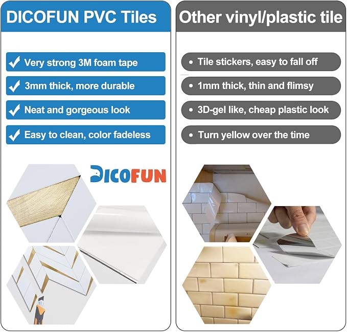 DICOFUN 1 Sheet Polished White Herringbone Peel and Stick Backsplash for Kitchen, PVC Mixed Metal Gold Chevron Stick on Backsplash Wall Tiles