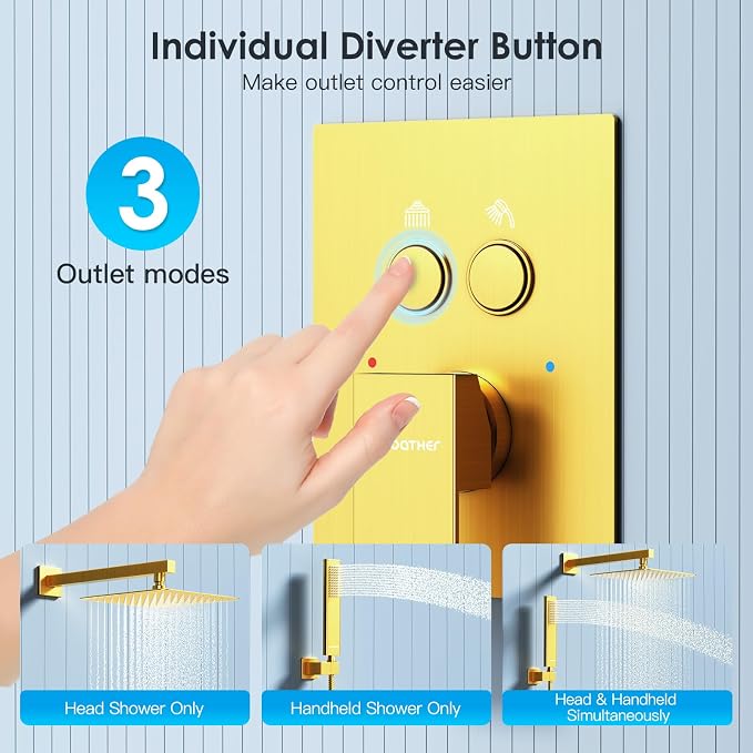 Shower System Shower Faucet Set with Push-Button Diverter and Wall Supply Elbow 10 Inch Shower Head Brushed Gold