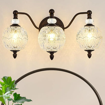Vintage Bathroom Vanity Light, 3-Light Mid Century Oil Rubbed Bronze Finish Wall Sconce with Globe Glass Shades, Retro Mirror Light for Bathroom, Powder Room