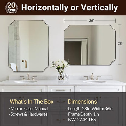 28x36 Inch Brushed Nickel Mirror, Silver Bathroom Mirror for Over Sink, Rounded Notched Corner Mirror in Anti-Rust Stainless Steel Thin Frame, Wall Mount Vertically or Horizontally