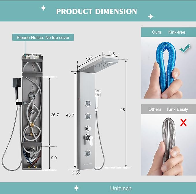 LED Shower Panel Tower System, 6-in-1 Shower Tower with Rainfall Waterfall Shower Head, 2 Modes Powerful Body Jets, Handheld Shower and Tub Spout, Stainless Steel Shower Column, Brushed Finish