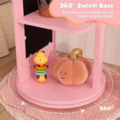 HONEY JOY Kids Jewelry Armoire Cabinet, 360 Degree Swivel Base Wooden Standing Jewelry Organizer w/Full-length Mirror and Clothes Rack, Children Dress Up Jewelry Cabinet for Little Girls (Pink)