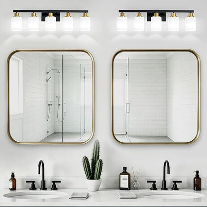 5-Light Black and Gold Vanity Light,Bathroom Lighting Fixtures,30" | Bathroom Light for Mirror with Square Frosted Glass,Modern Wall Sconces fixtures over Sink Restroom,Living Room Hallway