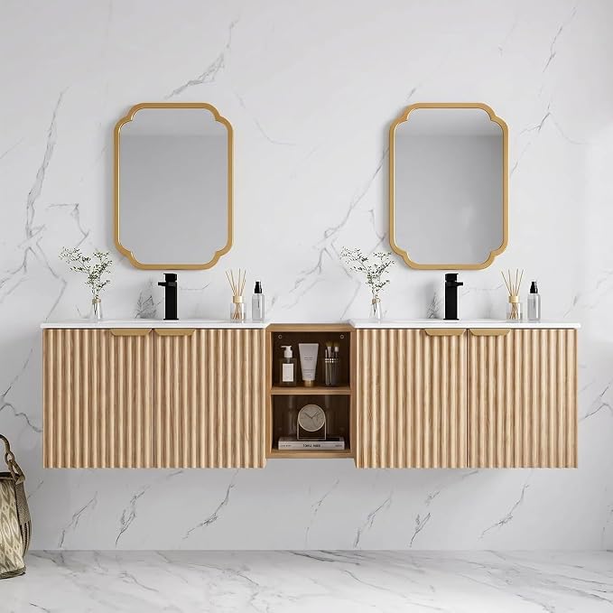 72 Inch Floating Bathroom Vanity with Double Sink, Bathroom Double Sink Cabinet with Soft Close Door Waterproof Storage, Wood Color