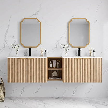 72 Inch Floating Bathroom Vanity with Double Sink, Bathroom Double Sink Cabinet with Soft Close Door Waterproof Storage, Wood Color