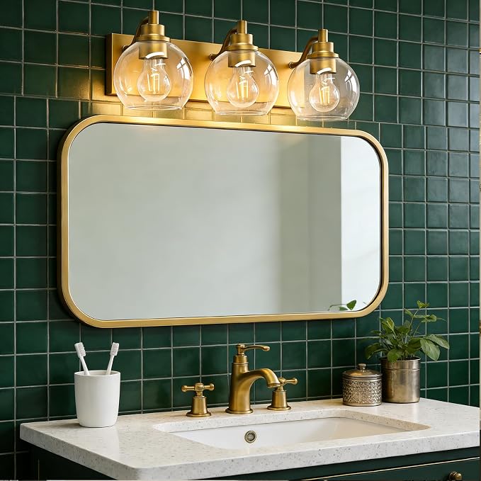 IZORRO Bathroom Light Fixtures, 3-Light Brushed Gold Vanity Light, Modern Wall Sconces with Globe Clear Glass Shade, Vanity Lighting Fixtures Over Mirror,E26 Bulb Socket