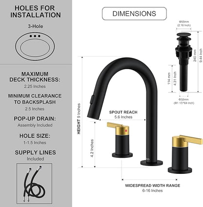 KENES Black and Gold Pull Out Widespread Bathroom Faucet 3 Hole, 8 Inch 2 Handle Bathroom Sink Faucet with Pull Down Sprayer, Vanity Faucet with Pop Up Drain and Supply Lines LJ-9068-BG