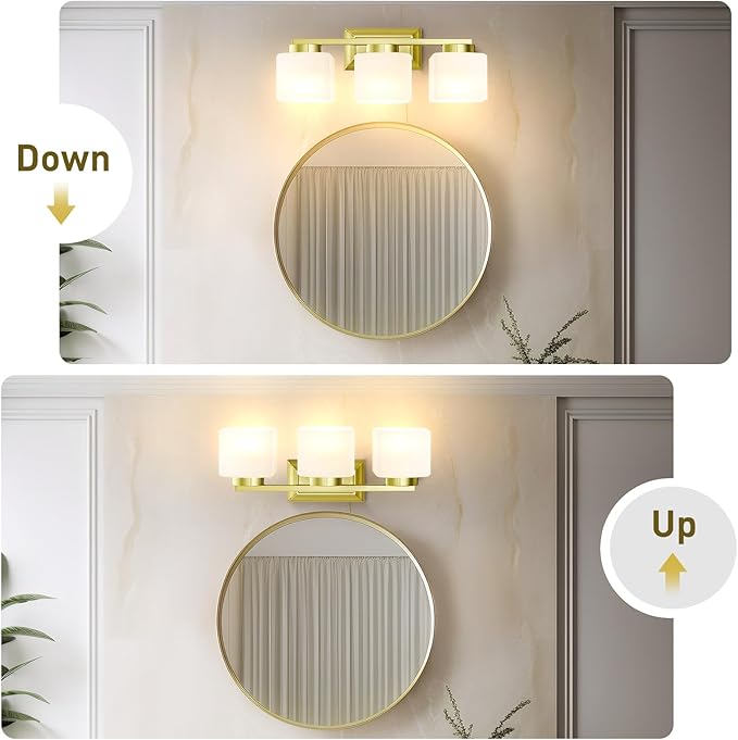 3-Light Bathroom Light Fixtures - Gold Bathroom Vanity Lights with Glass Shade Modern Bathroom Lighting Fixtures Over Mirror - Wall Sconce Lamps for Bedroom,Living Room,Hallway