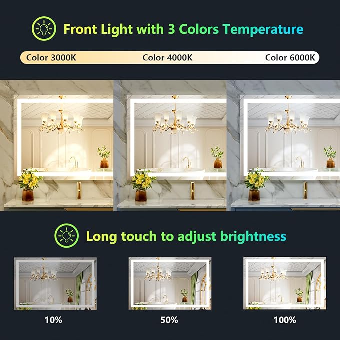 44x36 LED Bathroom Mirror with Lights, RGB Backlit Lighted Mirror | Backlit and Front Light, Anti-Fog, 3 Color Dimmable, Memory, Tempered Glass, IP54 Waterproof, UL Listed